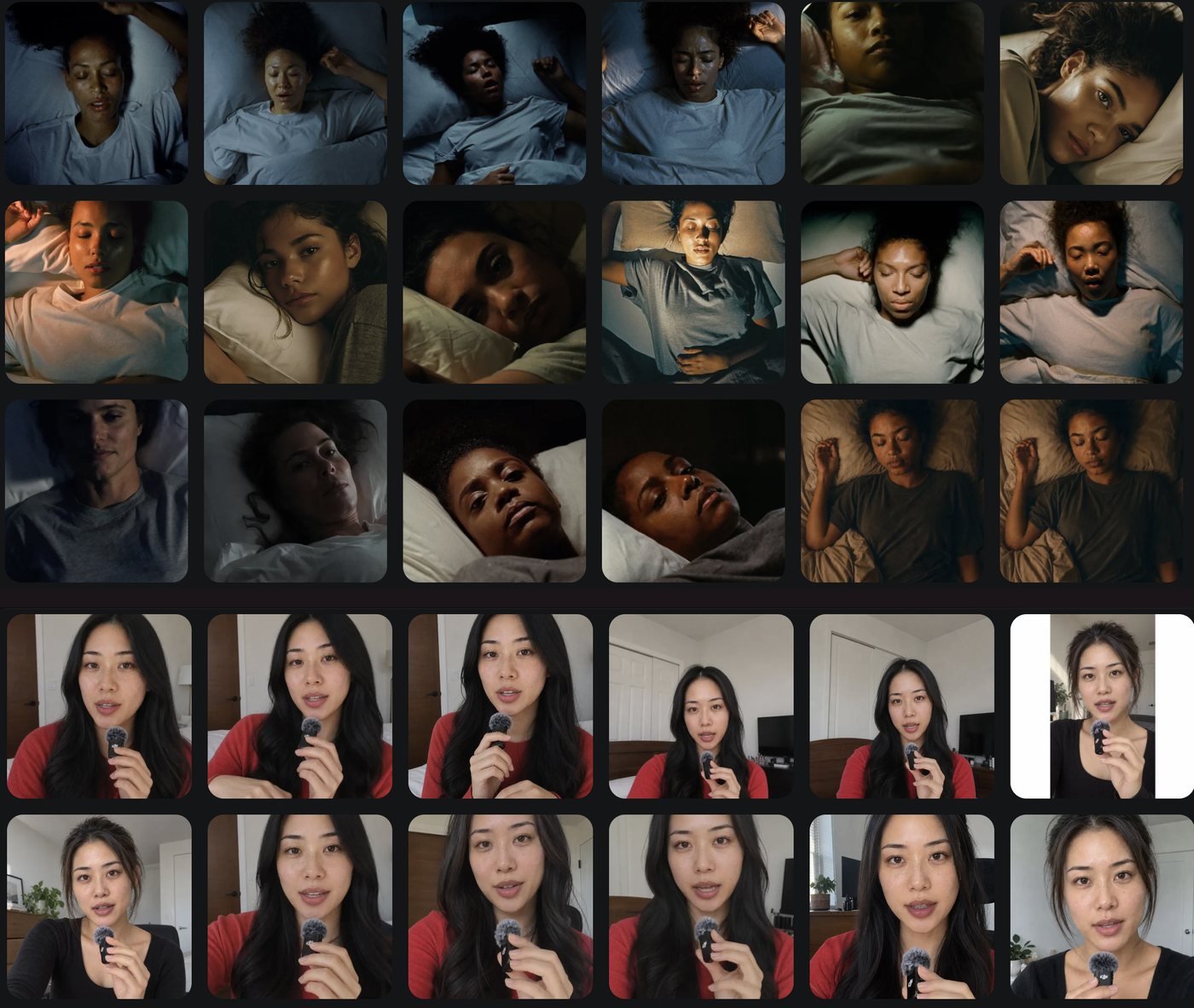 Two grids of test stills, one for each ad
