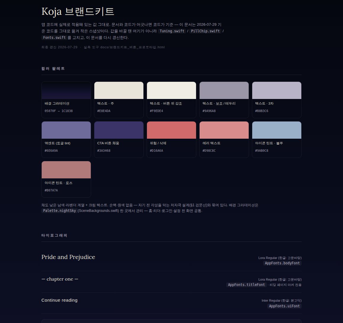 The Koja brand kit page with colours and type