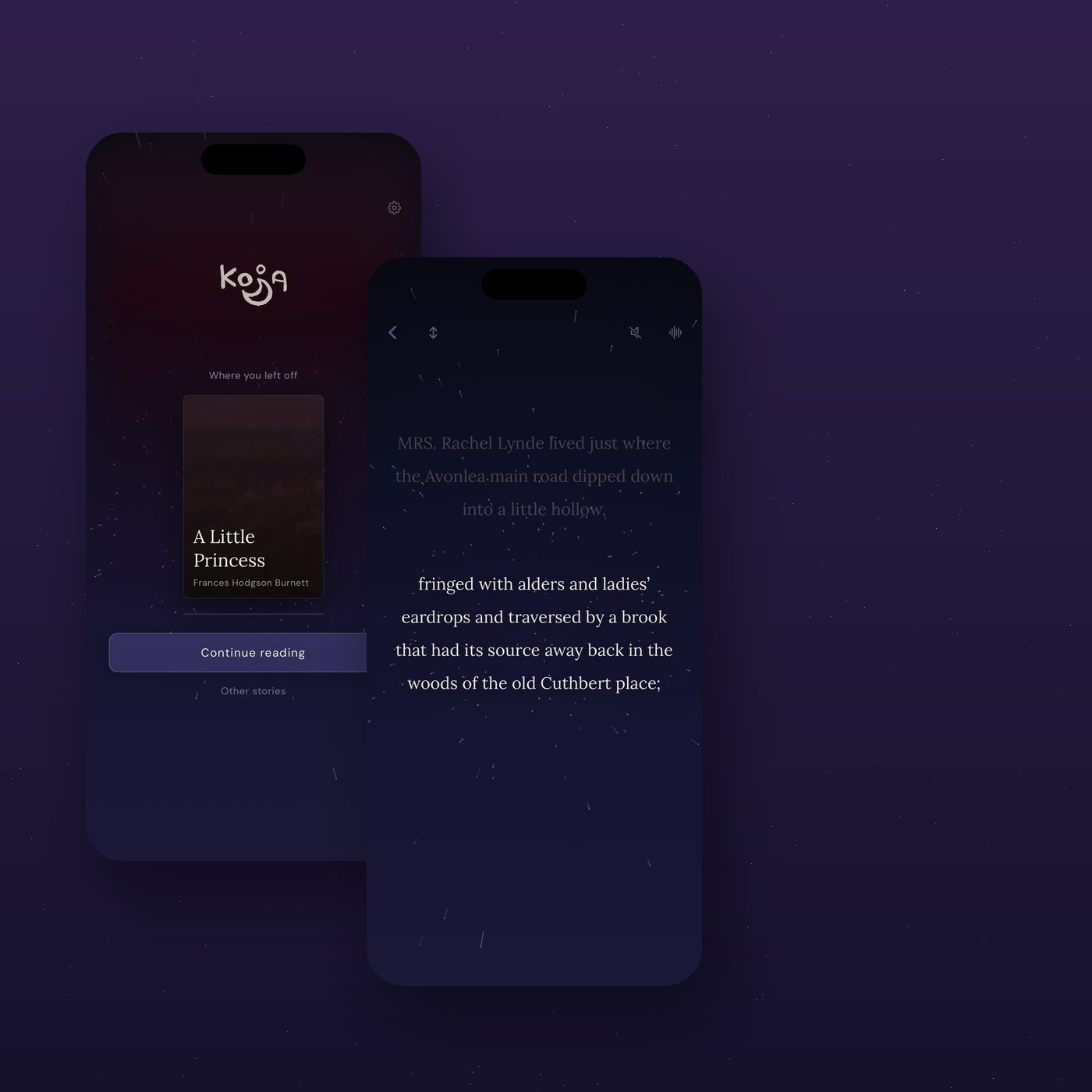 Two screens from Koja, a bedtime reading app