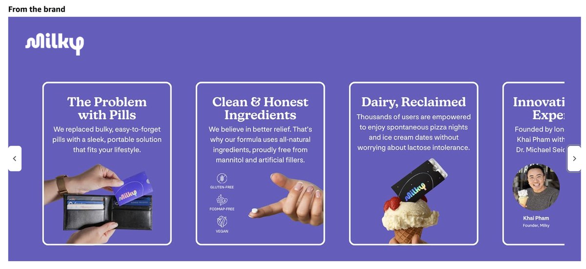 Milky A+ content — four brand modules on the Amazon listing