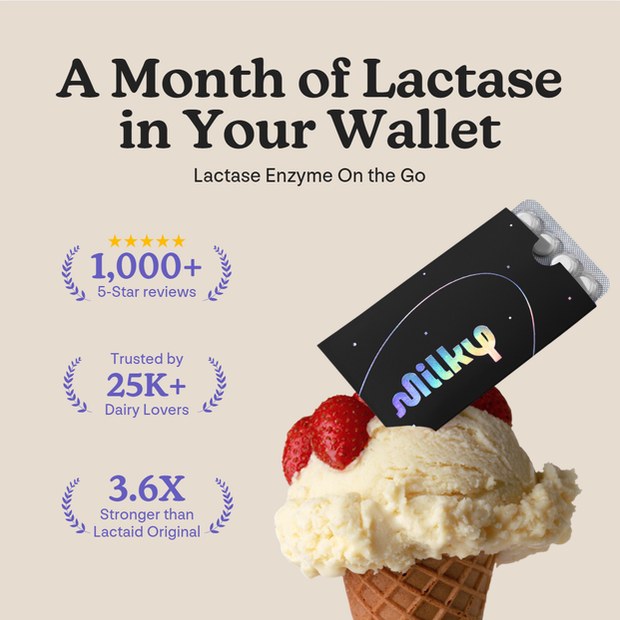 Milky ad — a month of lactase in your wallet, with review counts
