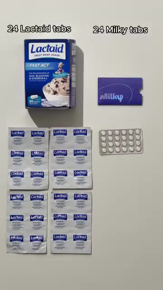 24 Lactaid tabs beside 24 Milky tabs