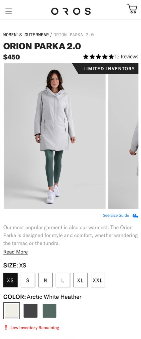 OROS product page before, mobile